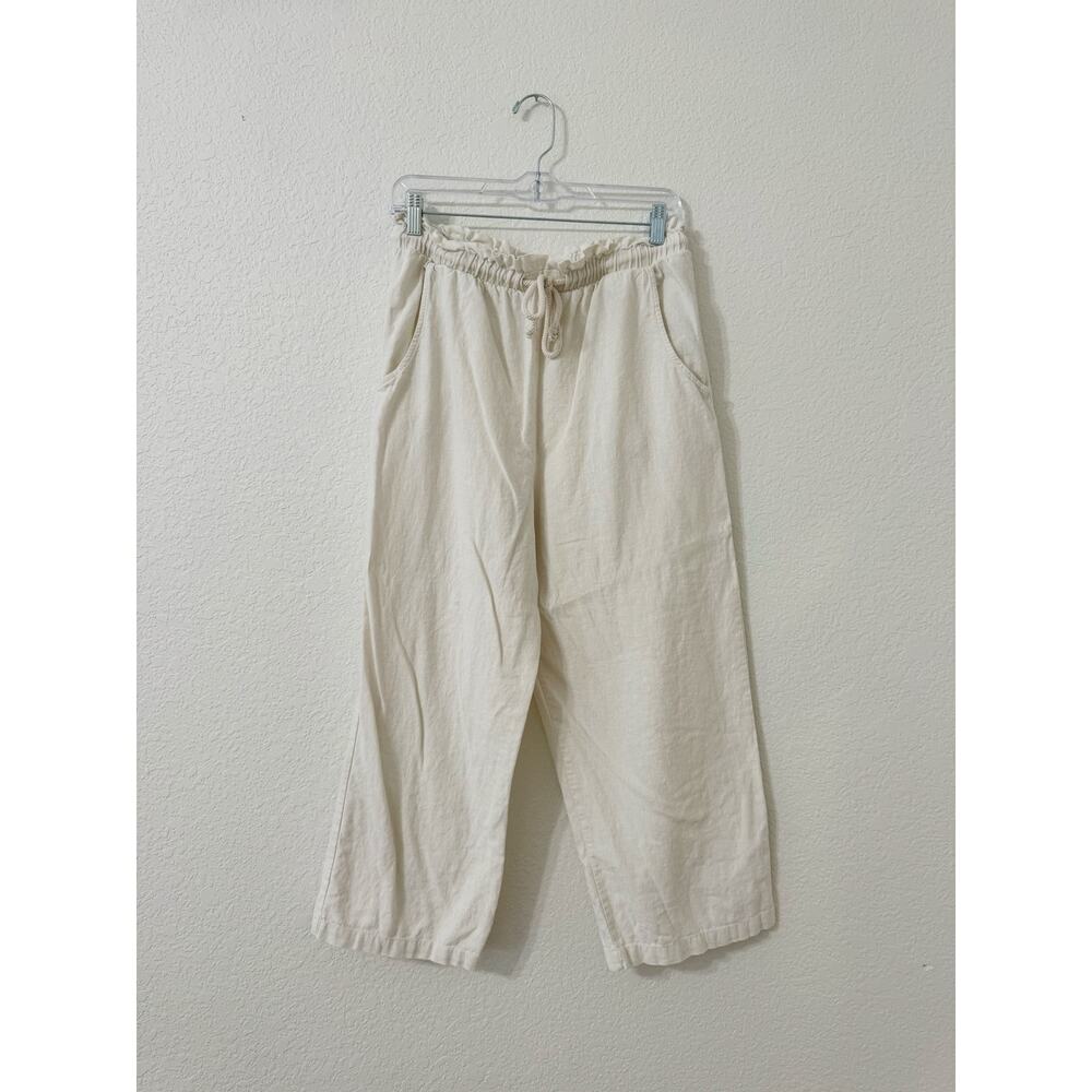 Cream Linen Blend Drawstring Pants Relaxed Fit Elastic Waist Size Medium